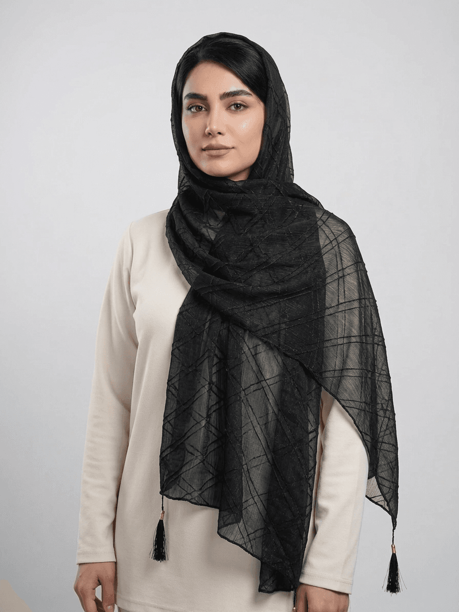 شال حریر لمه کج مشکی کد 579 - تصویر ۲